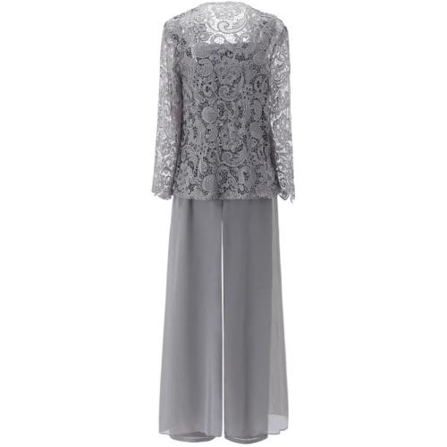 Size L Mother of The Bride Pant Suits with Lace Jacket 3 Pcs Chiffon Long Evening Gowns Outfit