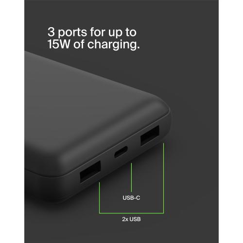 Belkin Portable Charger, USB-C Power Bank 20000 mAh w/ 2 USB-A Ports, 15W w/ Type-A to Type-C Cable - iPhone 17, Air, Pro, Pro Max, AirPods, Apple Watch, Samsung Galaxy S25, Google Pixel 10 - Black