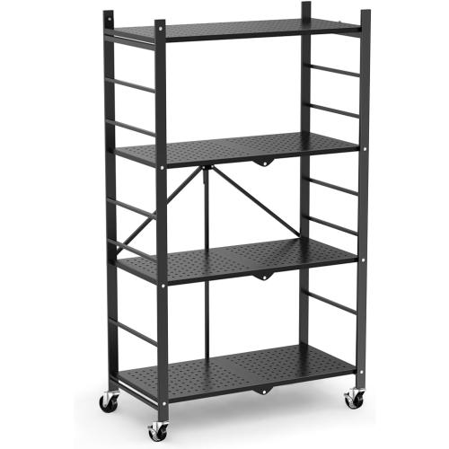 Size 4 tier Color Black  Storage Shelves with 20 Hooks, 4-Tier Foldable Shelves for Storage, Folding Shelf Unit Pantry Shelves with Wheels, Metal Shelving Storage Rack Shelf for Kitchen Garage Home, Black - No Assembly