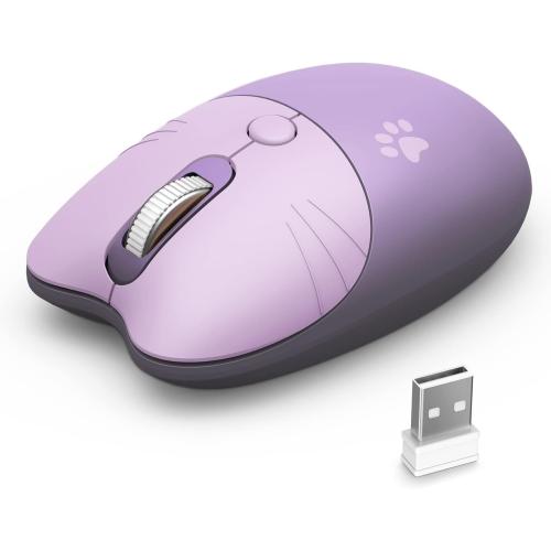 Cute Cat Wireless Mouse, 2.4GHz Wireless Silent Mouse, USB Receiver Plug and Play, 3 Adjustable DPI, Compatible with Notebook, PC, Laptop, Computer- Purple Colorful