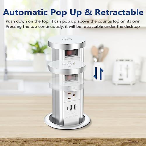 BTU Pop Up Outlet for Countertop, 4 Inch Hole Receptacle Power Strip with USB C & 4 AC Outlet, Pull Popup Outlet Recessed Power Socket with 10W Wireless Charger for Kitchen Conference Office