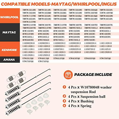 【NEW UPGRADED】W10780048 Suspension Rods(23.6in) W10400895 Washer Suspension Springs(4pcs) by Beaquicy - Replacement kit for Whirlpool Kenmore and Admiral - Replaces WTW4800XQ2, WTW4800XQ4, RTW4640YQ1