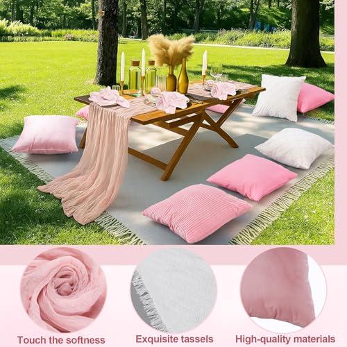 118 x 71 Extra Large Outdoor White Picnic Blankets with Pink Tulle Table Runner Cheesecloth Napkins Plush Throw Pillow Covers Oversize Beach Blanket Essentials for Wedding Picnic Camp(Stylish,14)