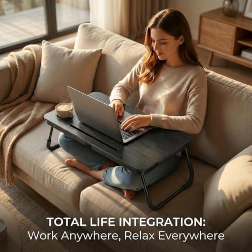 BUYIFY 23.4 Foldable Lap Desk Bed Table with Cup Holder Tray Black