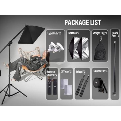 NiceVeedi 85W Photography Lighting, 2-Pack 20'' x 28'' Professional Softbox Lighting Kit with 53'' Boom Arm & 91'' Tripod Stand, Remote Control, Studio Lights for Live Streaming/Portrait/Photography