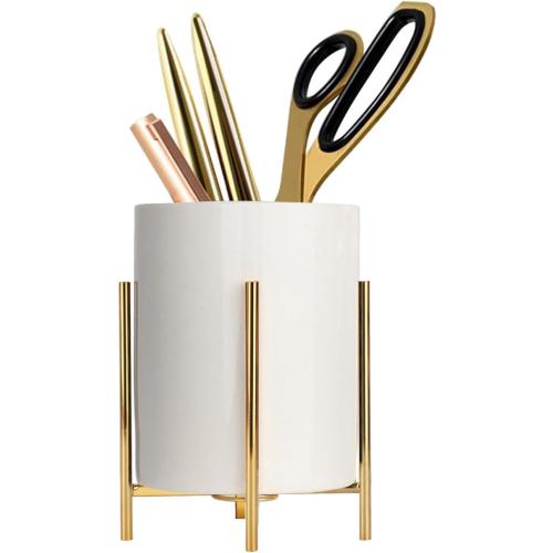 Gold pencil cup Sturdy metal frame with white ceramic pen holder For desks and kitchen appliance holders