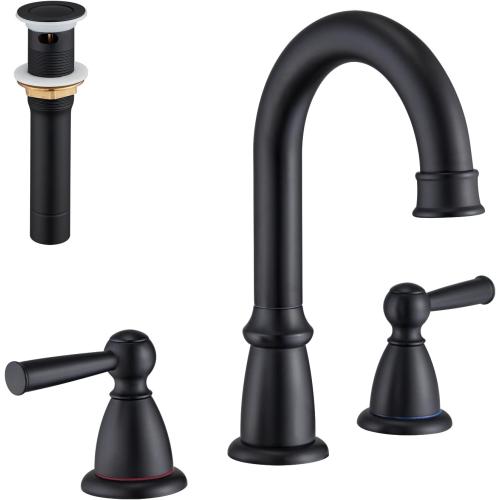 Color Black Widespread Bathroom Faucet Black 3 Hole Sink Faucet 8 inch with Pop Up Drain 2 Handle 4 inch Faucets for Vanity Lavatory Basin Restroom Bath Sink