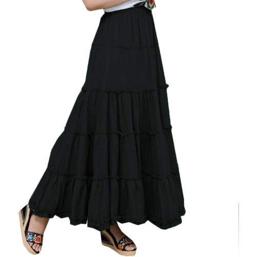 Saukiee Women's Bohemian Elastic Waist Long Skirt Cotton Circle Ruffle Broomstick Peasant Maxi Tiered Skirts