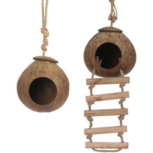 Brown Hide with Ladder Natural Fiber Hanging Birdhouse Shells Breeding Nest for Parrot