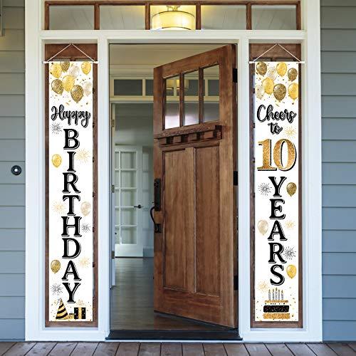 Happy 10th Birthday Decorations,10th Gold Balloon Birthday Theme Door Hanging Banner Sign,Cheers to Ten Years Old Bday Party Supplies.