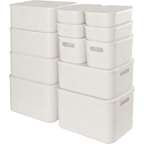 ANMINY White Plastic Storage Bins Baskets with Lids, 12-Pack, 2XL 4L 2M 4S | Large Plastic Bins, Sturdy PET, with Handles, Stackable, Opaque Storage Boxes, for Closet Shelves Desk, White Lids