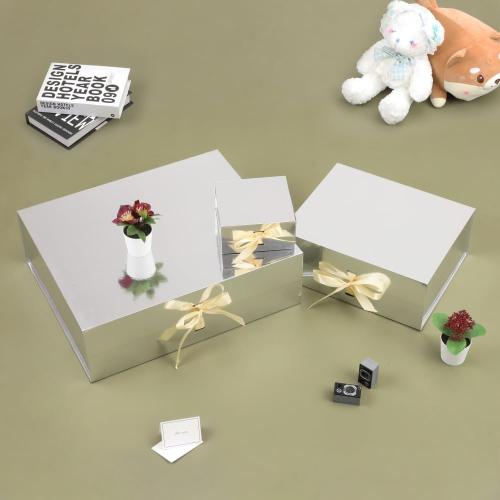 Skivra Large Silver Gift Box with Ribbon - Extra Large Collapsible Luxury Gift Box for Wedding Dress - 19x16x6 Inch - Magnetic Closure - Rectangle - Crinkle Cut Paper Shred with Card