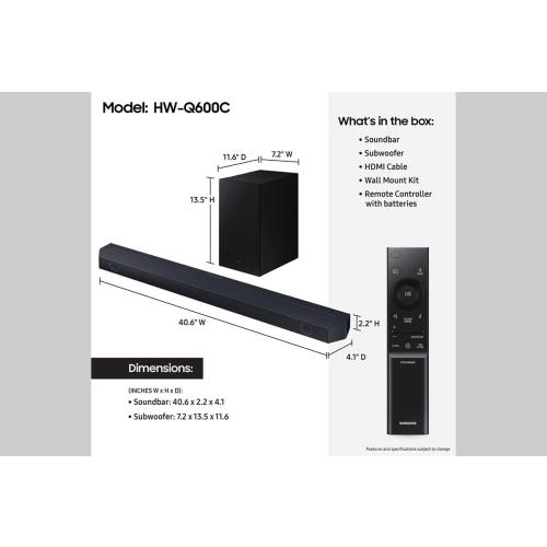 Samsung HW-Q600C 3.1.2ch Soundbar w/Dolby Audio, Q-Symphony, Adaptive Sound, HDMI eARC, Game Mode Pro, Bluetooth, Acoustic Beam, Tap Sound