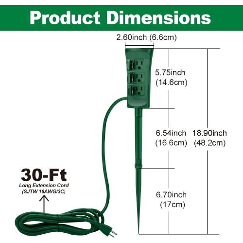 Size 30ft BESTTEN Outdoor Power Stake with 30ft Ultra Long Extension Cord, 3-Outlet Power Strip with Weatherproof Protective Covers, ETL Listed, Green