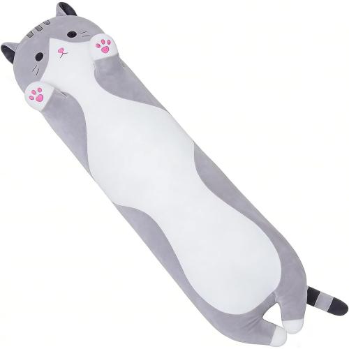 Long Cat Body Pillow for Kids, Cute Cat Stuffed Animals Gifts for Girls, Long Cat Plush Toy for Birthday, Soft Cat Plushies Pillow (Grey, 19.6in/50cm)