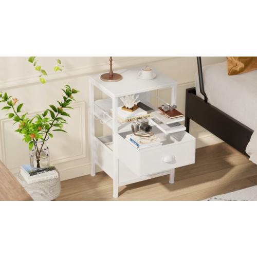 Furologee Nightstands Set 2, End Table with 2 Fabric Drawers, Bedside Table with 2 Hooks, Open Wood Shelf Side Sofa Table for Bedroom/Living Room/Hallway/White