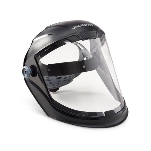Black Jackson Safety Lightweight MAXVIEW Premium Face Shield - Mask with 370 Speed Dial Ratcheting Headgear, ANSI Z87.1, for Work, Grinding, Cutting - Anti Fog Coating - Clear Tint
