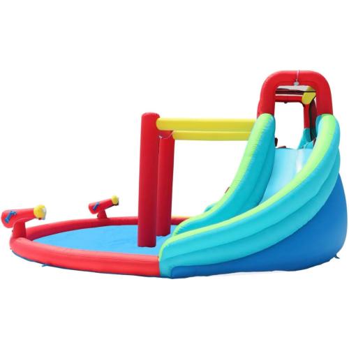 Inflatable Waterfall Aqua Park with Pool and Slides and Cannons. L 14.8' x W 14.4' x H 7.5'