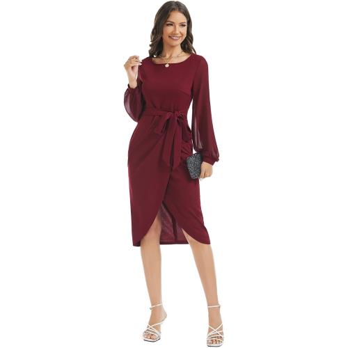 Size M HELYO Women's Elegant V-Back Chiffon Long Sleeve Sheath Dresses Belted Ruched Casual Work Cocktail Party Midi Dress