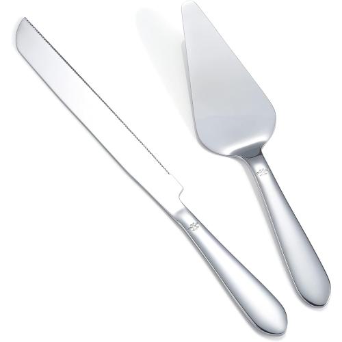 Cake Cutting Set for Wedding, Elegant Cake Knife and Server Set with Thickened Stainless Steel Rounded Edges, Cake Cutter and Pie Spatula for Birthday Anniversary, 2 Pcs, Silver