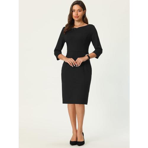 Size S...Women's 3/4 Sleeve Pencil Dress Boat Neck Elegant Wear to Work Midi Sheath Dresses