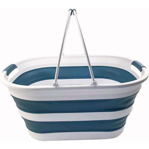 SAMMART 38L (10 Gallons) Collapsible Plastic Laundry Basket - Foldable Storage Container/Organizer - Portable Washing Tub - Space Saving Laundry Hamper (White/Adriatic Blue)