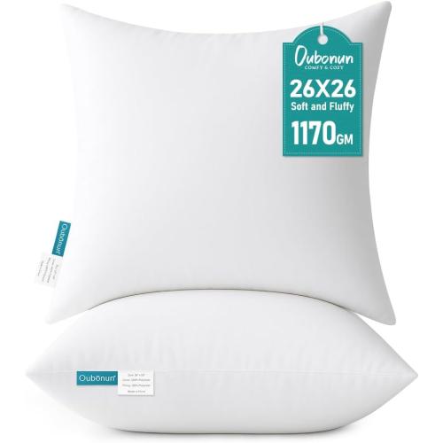 Oubonun 28x28 Throw Pillow Inserts - Supportive & Fluffy Down Alternative Pillows for Couch Sofa Bed, Machine Washable - White, Pack of 2
