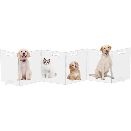 Clear Acrylic Dog Gate, 6 Panel 120 W x 24 H, Transparent Freestanding Pet Playpen Indoor, Foldable Pet Fence Barrier for Doorway with Handle/Support Feet