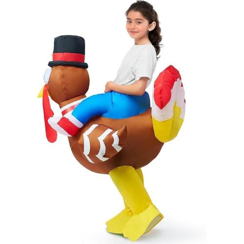 One Size Spooktacular Creations Thanksgiving Turkey Inflatable Costume for Kids, Blow up Costume Riding a Turkey Ride-on for Halloween Party, Cosplay event, Halloween Inflatable Costumes for Boys and Girls
