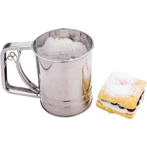 Restaurantware Pastry Tek 2.5 Cup Flour Sifter 1 Corrosion-Tolerant Baking Sifter - Squeeze Handle Triple Mesh Screen Stainless Steel Flour Sieve For Sugar Flour Or Coffee Powder