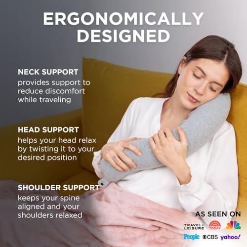 Dot&Dot Twist Memory Foam Travel Pillow, Bendable Neck Pillow for Airplane, Car and Home, 26-Inch Adjustable Roll with Washable Cotton Cover, Gray