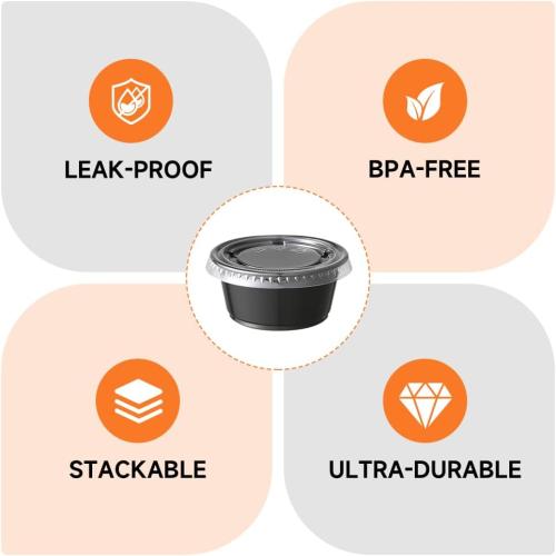 2oz Black Condiment Cups with Lids, (50 Pack) Jello Shot Cups, Dipping Sauce Cups, Portion Containers with Lids Ideal for Sauces