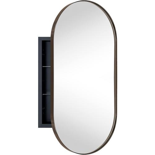 Oil Rubbed Bronze Oval Recessed Bathroom Medicine Cabinet with Mirror Stainless Steel Metal Framed Oblong Pill Shaped Bathroom Cabinet with Mirror 16x33''