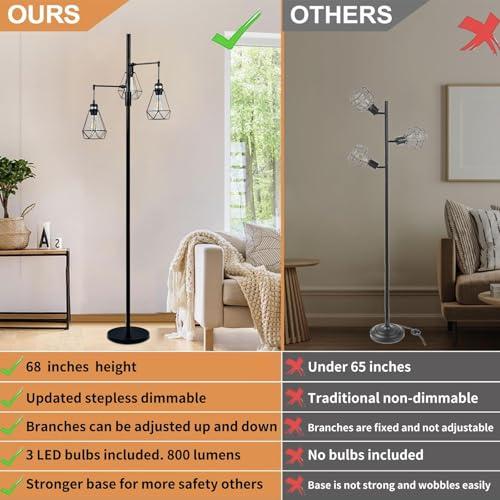 69 Industrial Tree Floor Lamp with Stepless Dimming - Adjustable Cage Shades & weighted Base, Vintage Dimmable Standing Light for Living Room/Office, 3x Edison Bulbs Included (Farmhouse Rustic)