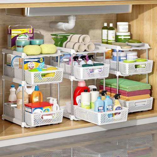 DABIGE 3Pcs 3 Tier Bathroom Organizers and Storage, UPGRADE WIDER BOLDER, Pull Out Under Sink Organizer with Dividers, Kitchen Pantry Organizers - White
