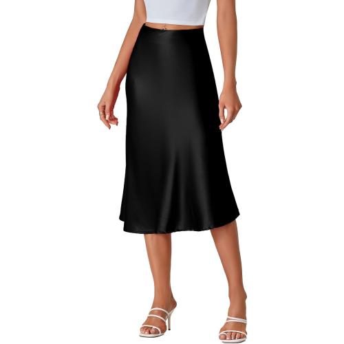 Size S....Women's Elegant Satin Silky Elastic High Waist Zipper A Line Midi Skirts