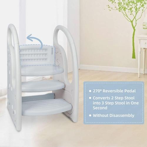 Toddler 3 Step Stool Onasti Kids Standing Tower for Toddlers Plastic Learning Helper Stool for Kitchen Counter Bathroom Sink Toilet Potty Training with Handles and Non-Slip Pads-Grey White