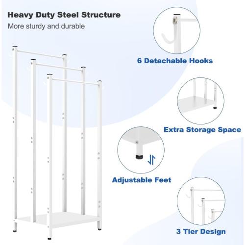 44 Inch Tall Free Standing Towel Rack with Metal Storage Shelf & 6 Hooks for Bathroom, 3 Tiers Heavy Duty Blanket Drying Stand Holder for Outdoor Pool, Bedroom, Living Room, White