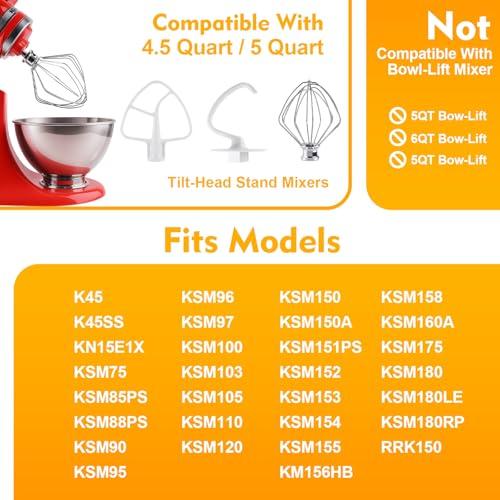 3-Piece Kit Attachments for KitchenAid Tilt-Head Stand Mixer, Accessories Stainless Steel K45WW Wire Whip, K45DH Dough Hook and K45B Coated Flat Blade Paddle with Scraper