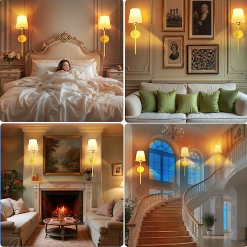 Gold 2 Pack Battery Operated Wall Sconce Set of 2 - Rechargeable Wireless Wall Lights with Remote, 6000mAh Dimmable Bulbs with 15 Colors, Wall Decor for Living Room, Bedroom, and Hallway (Gold)