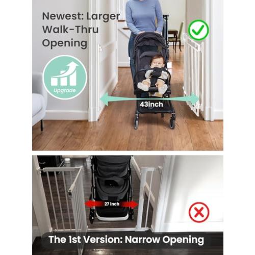 Grownsy Baby Gate for Stairs- No Bottom Bar, 29.8” to 43.5” for Child and Pet, Dog Gate with Auto-Close & One-Hand Operation, Hardware-Mounted (Drill Needed) Installation for Doorways and Indoor Use