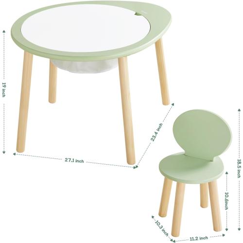 Beright Kids Table and Chairs Set, Kids Wooden Play Table with 2 Chairs, Kids Round Table for Toddlers, Suitable for Bedroom, Playroom and Kids' Room, with Removable Top Panel and Storage Bag, Green