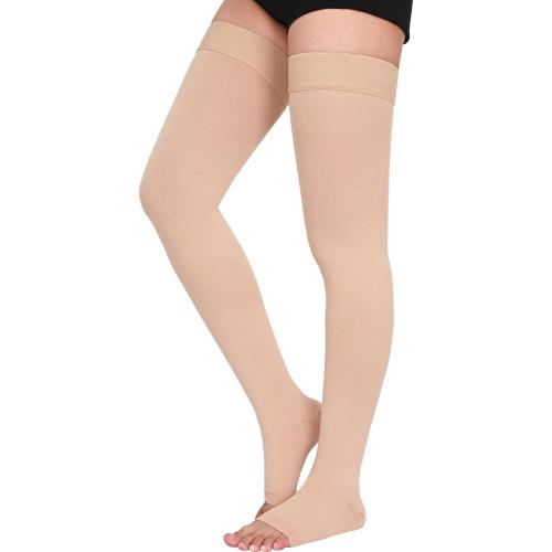 Tan Size 2XL Thigh High 20-30 mmHg Compression Stocking, Open Toe Compression Socks for women & men circulation with Silicone Dot Band-Ideal for Athletic, Medical, Travel Use