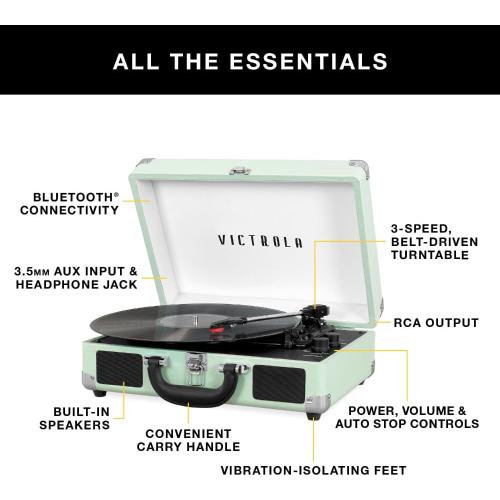 Victrola Journey Bluetooth Portable Suitcase Record Player – with Built-in Speakers, 3 Speed Vinyl Record Player, RCA Out, Headphone Jack (Cognac)