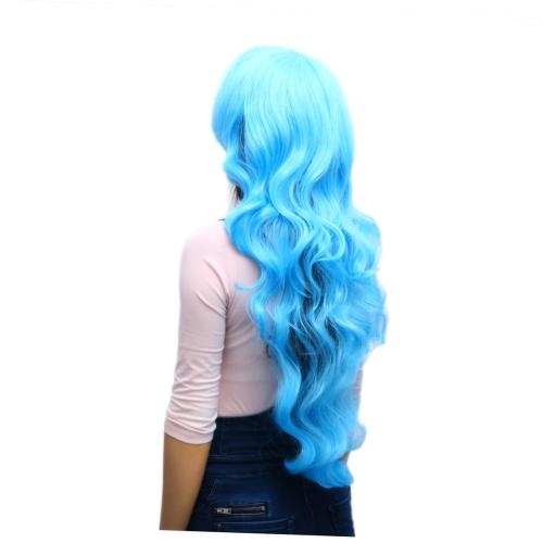 Vaguelly Colorful Long Wave Curly Hair Wig with Bangs Sky Blue Cosplay Wig for Women for Daily Wear and Stage Performance Safe Comfortable