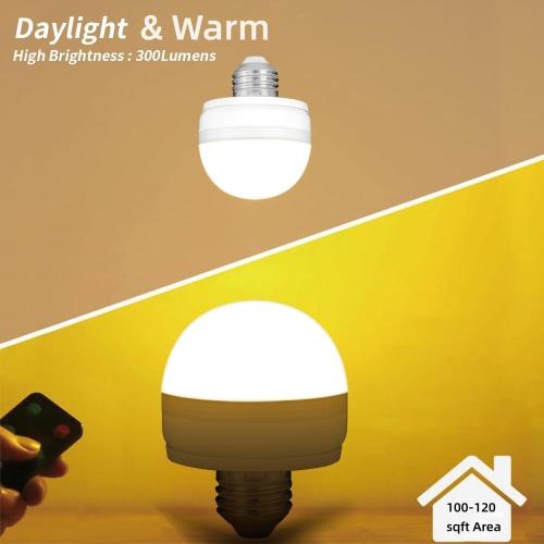 BLUEYE Rechargeable Light Bulbs,7W,350LM,40W Equivalent,Remote Control,E26 Detachable Charging,3 Color Temperatures,Battery Operated Puck Emergency Lamp,Timer,Dimmer,for Non-Hardwired,2Packs