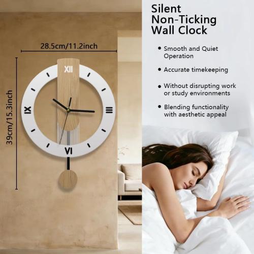 Modern Wooden Decorative Wall Clock with Pendulum, Minimalist Silent Non-Ticking Quartz Battery Operated,Roman Numeral Large Wall Clock for Living Room, Bedroom, Kitchen, Office
