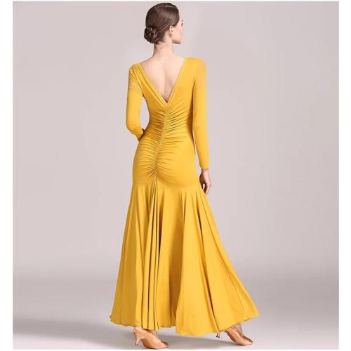Dndrdhfb Women's XL Round Neck Latin Dance Skirt Long Sleeve Modern Dance Skirt Solid Color Waltz Skirt
