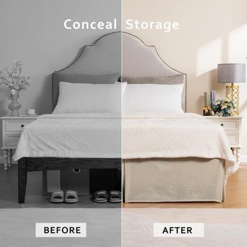 MIYE Pleated Waffle Weave Bed Skirt, Tailored Dust Ruffle 14 Inch Drop Easy Fit, Machine Washable,No Split Corners (Beige, Queen - 14 Drop)