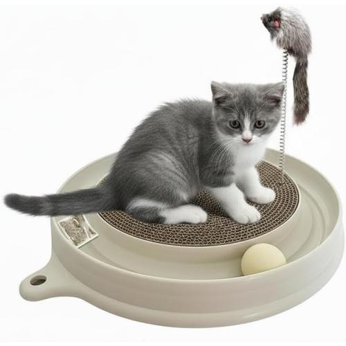 AUOON Cat Scratcher Toy with Ball Track - 3 in 1 Interactive Cat Toy, Cat Scratch Pad with Cat Ball Toy and Plush Cat Mouse Toy for Indoor Cats and Kittens (Milk Shake)